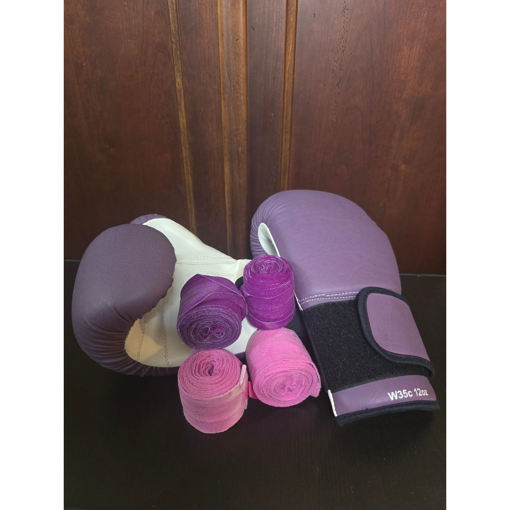 Purple Womens 12oz W35C Leather Boxing Gloves with Pink and Purple Wraps